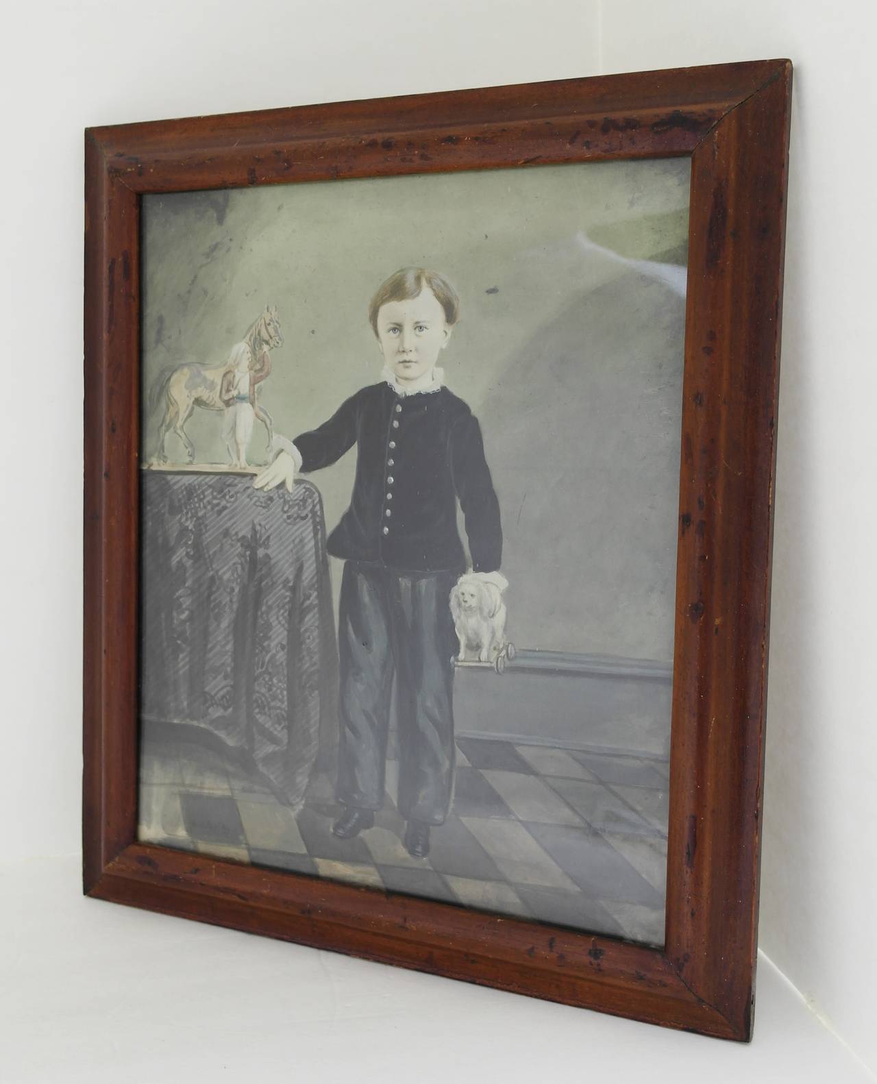19th Century Folk Art Watercolor Portrait of a Young Boy In Excellent Condition For Sale In New York, NY