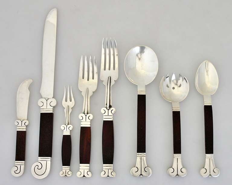Monumental Hector Aguilar Sterling Silver & Rosewood Aztec 110 Pc. Flatware Set 5