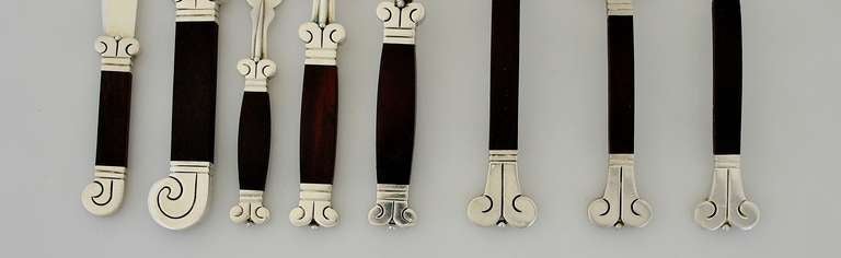 Mexican Monumental Hector Aguilar Sterling Silver & Rosewood Aztec 110 Pc. Flatware Set