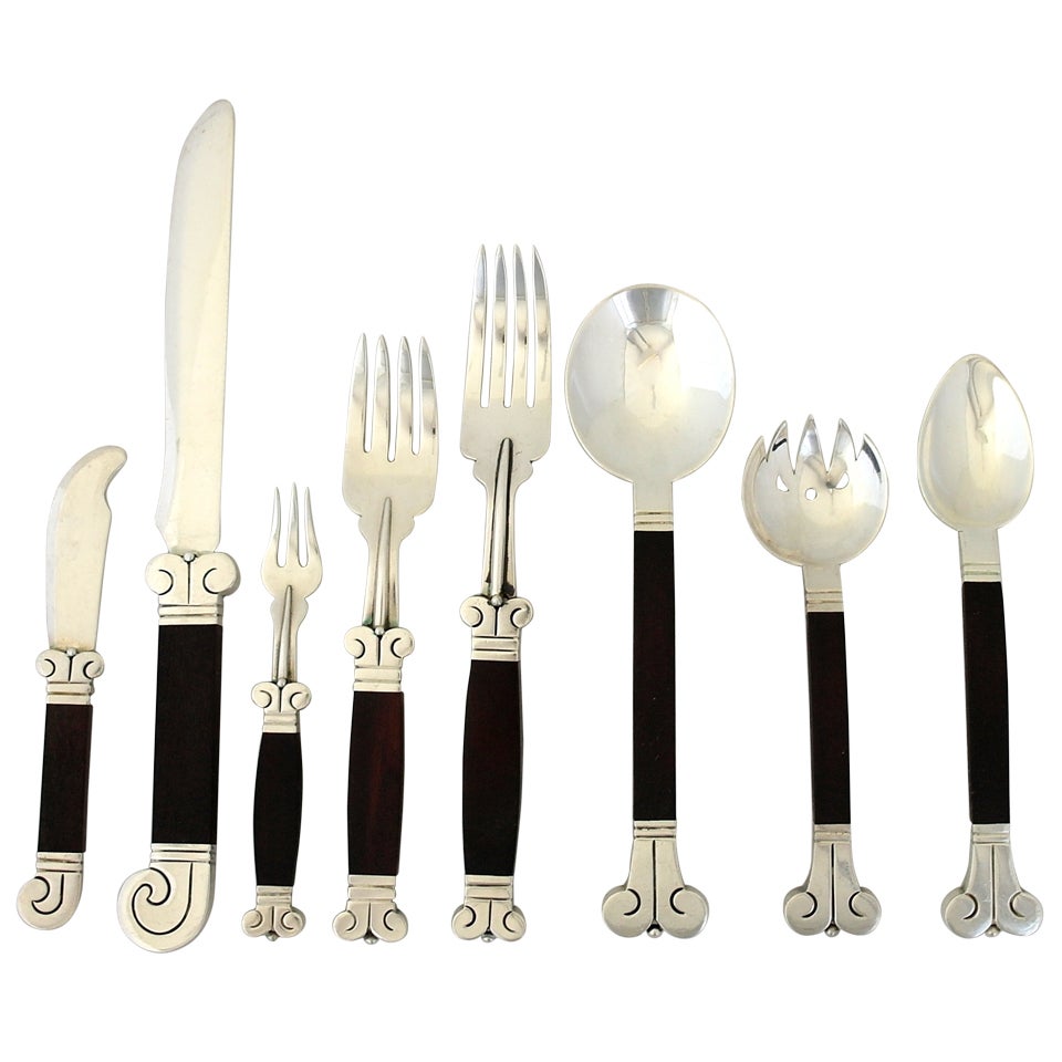 Monumental Hector Aguilar Sterling Silver & Rosewood Aztec 110 Pc. Flatware Set