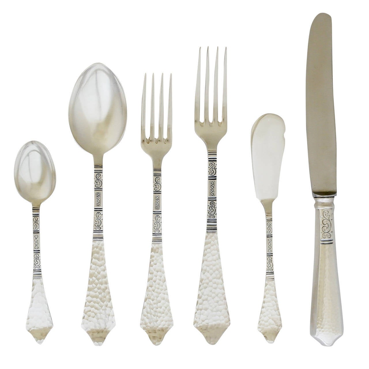 Robbe and Berking HandHammered Silver Flatware Set for 12 at 1stDibs