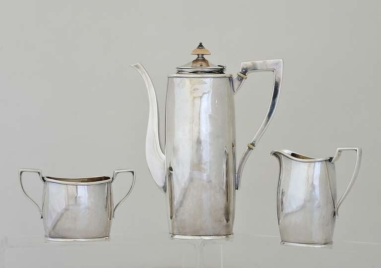 American James T. Woolley Arts & Crafts Sterling Silver Handmade 3 Piece Coffee Tea Set
