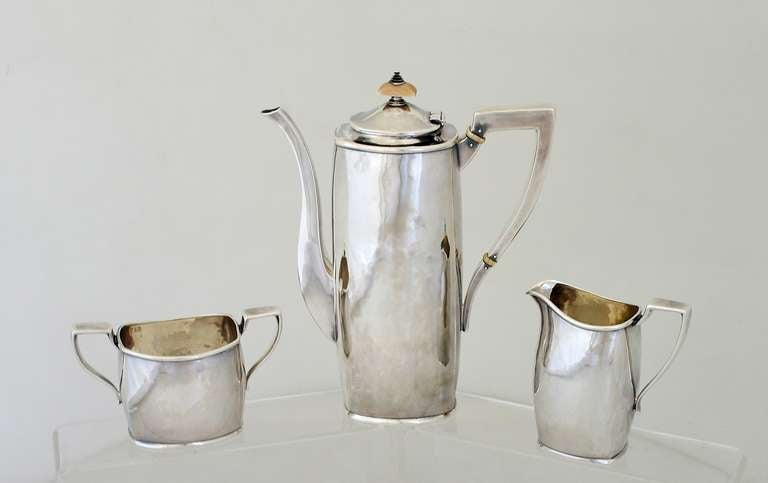James T. Woolley Arts & Crafts Sterling Silver Handmade 3 Piece Coffee Tea Set In Excellent Condition In New York, NY