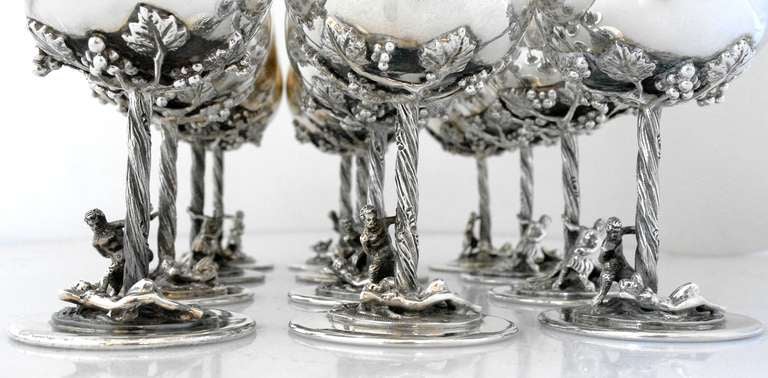 Mexican Avanti Mexico Sterling Silver Set of 12 Figural Stem Goblets1960 For Sale