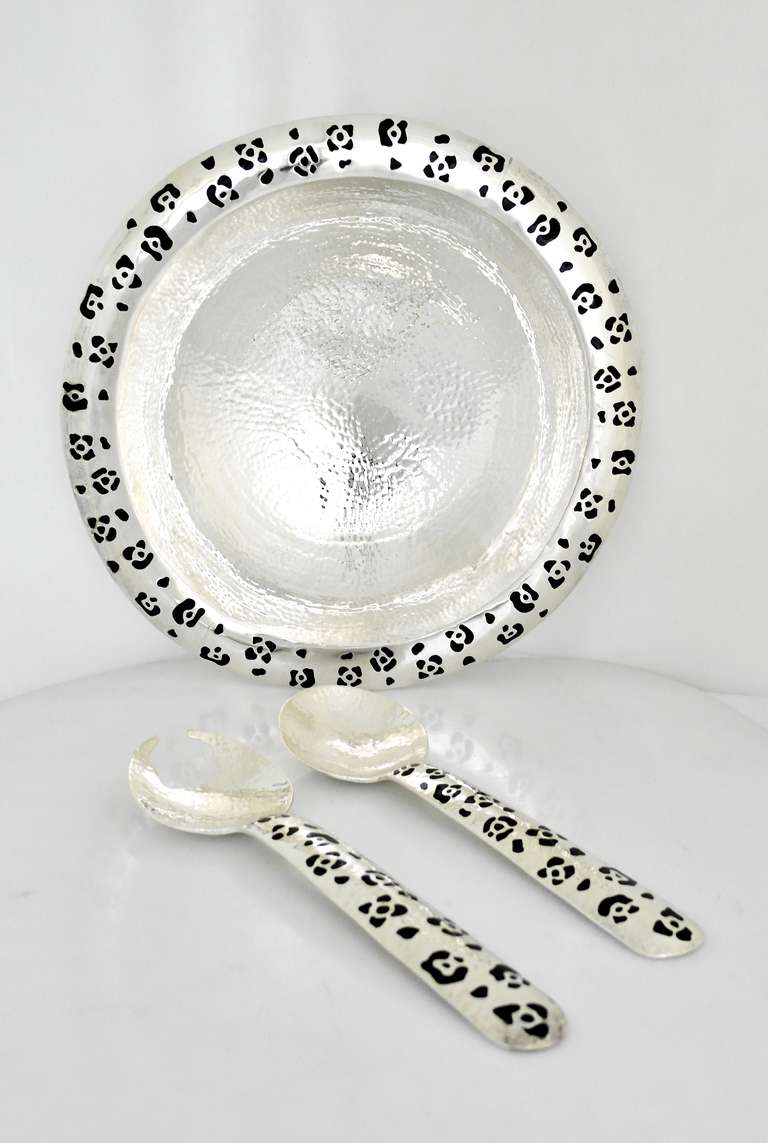 Emilia Castillo Hand-Hammered, Silver Plate and Enamel Serving Bowl with Servers In Excellent Condition In New York, NY