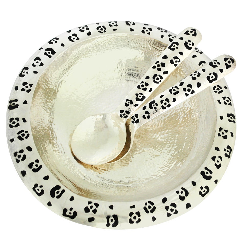 Emilia Castillo Hand-Hammered, Silver Plate and Enamel Serving Bowl with Servers