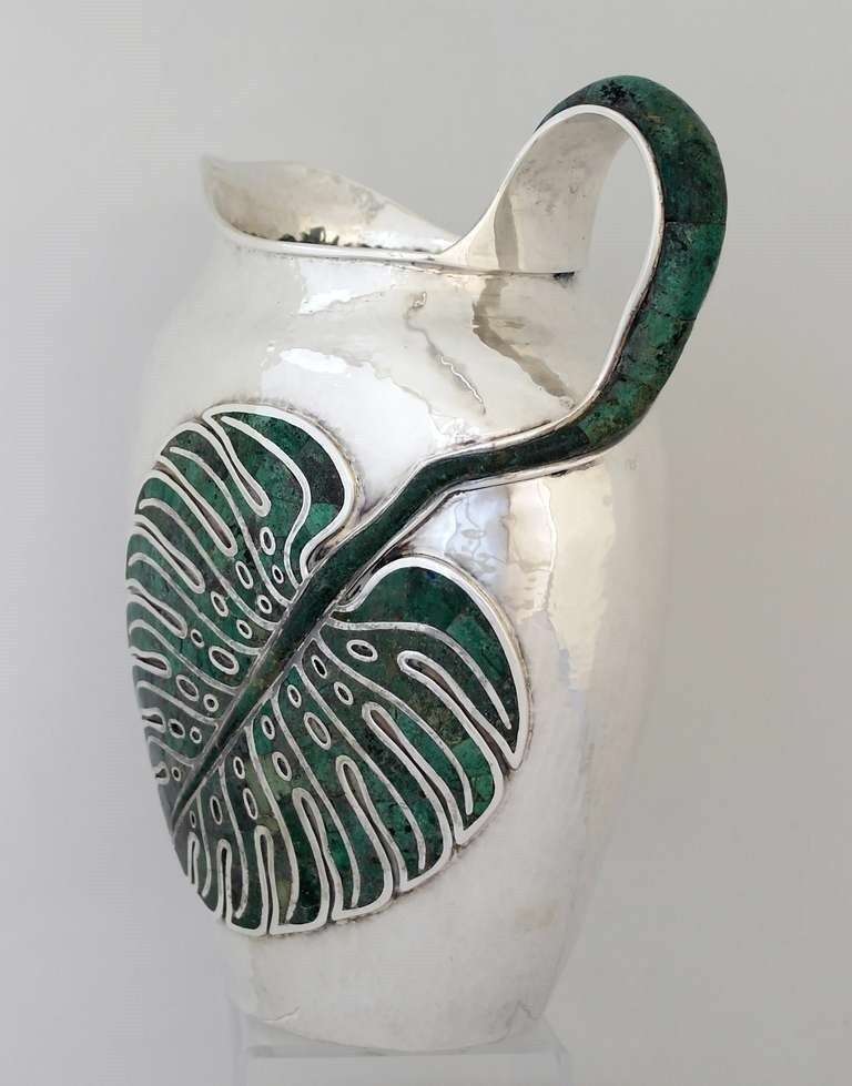 Emilia Castillo Large Sterling Silver and Malachite Pitcher, 1990 In Excellent Condition In New York, NY