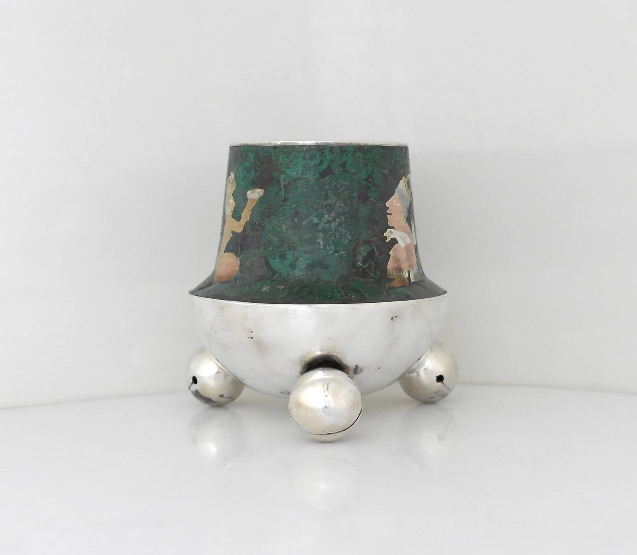 Los Castillo Silver Plate and Azur Malachite Vase with Whimsical Footed Bells