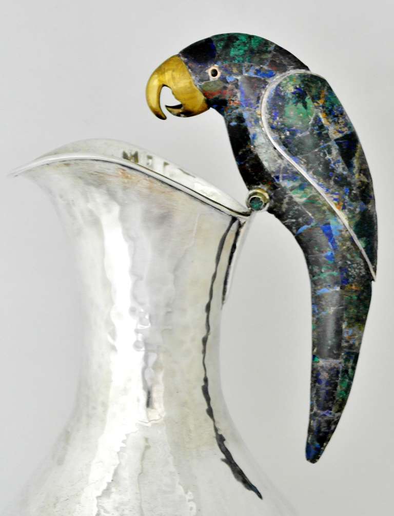 Mexican Los Castillo Silverplate Hand Hammered Parrot Handle Pitcher