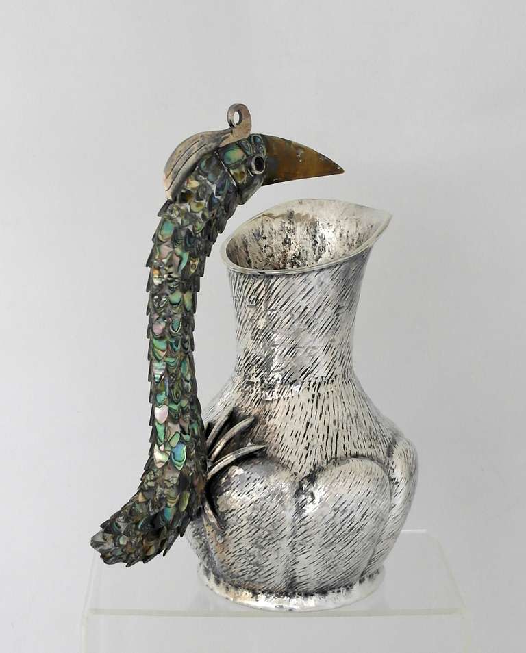 Mexican Los Castillo Silverplate Exotic Bird Handle Pitcher