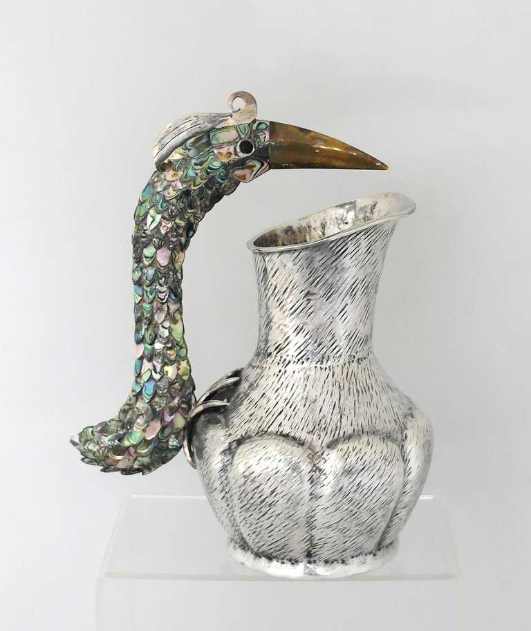 Los Castillo Silverplate Exotic Bird Handle Pitcher In Excellent Condition In New York, NY