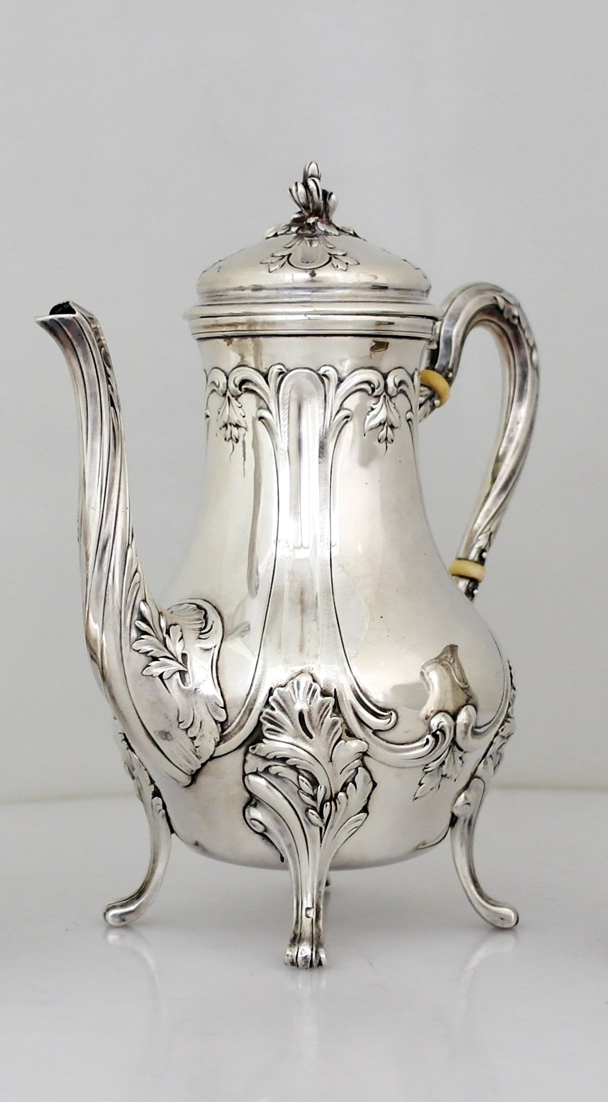 Being offered is a .950 silver (better than sterling) tea set by Emile Puiforcat of Paris, France. Made by France's most renowned silversmith, incredible tea set comprising a tea pot, creamer and sugar all in a Rococo style decorated with acanthus