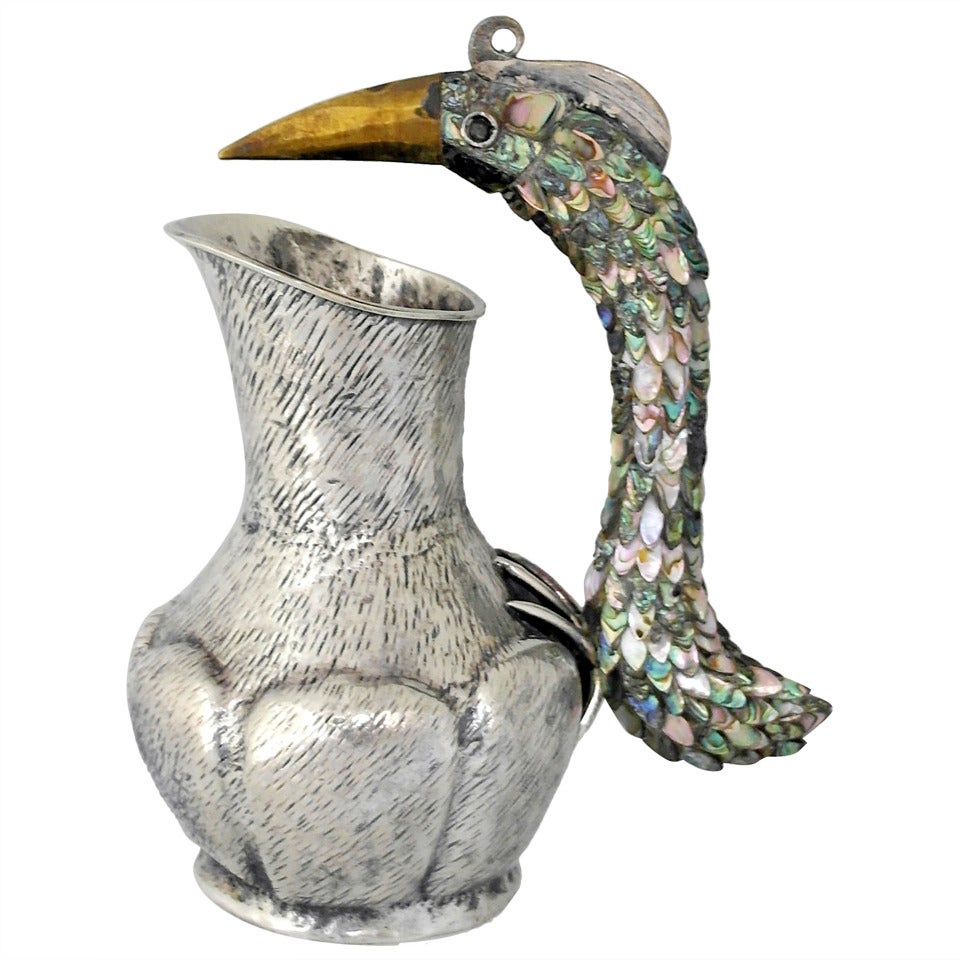 Los Castillo Silverplate Exotic Bird Handle Pitcher