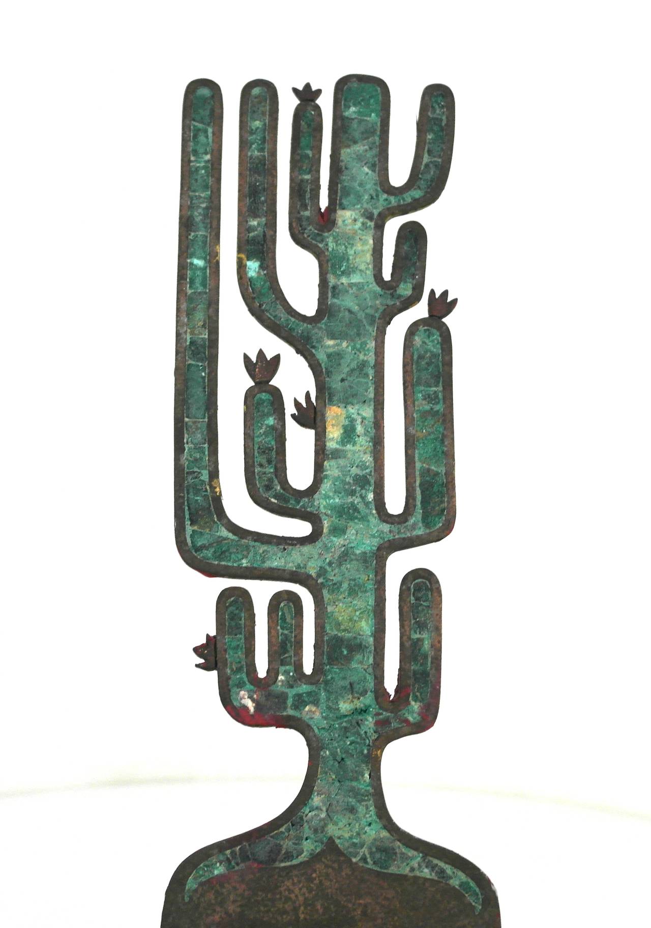 Being offered is an impressive circa 1950s door plate by Rancho Alegre of Taxco, Mexico. Heavy brass door plate in the form of a large cactus with azur malachite inlay. Dimensions: 12 inches tall x 2 1/2 inches wide. Marked as illustrated. In