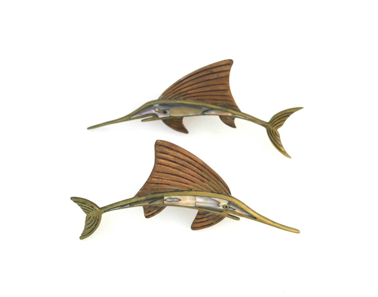 Mid-20th Century Los Castillo Brass and Abalone Swordfish Drawer Pulls