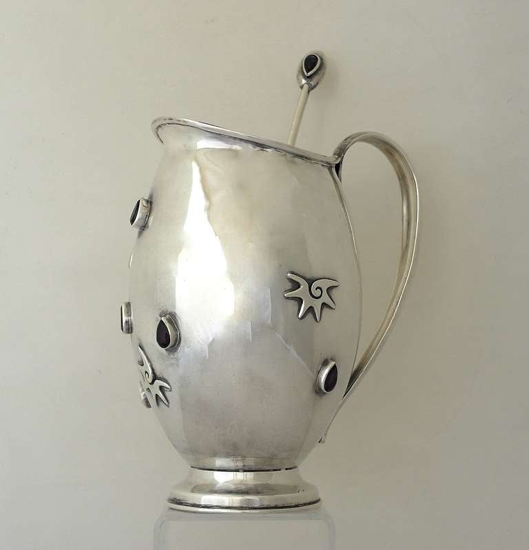 Mexican RARE Carmen Beckmann Taxco Sterling Silver and 10 Amethysts Pitcher 1960