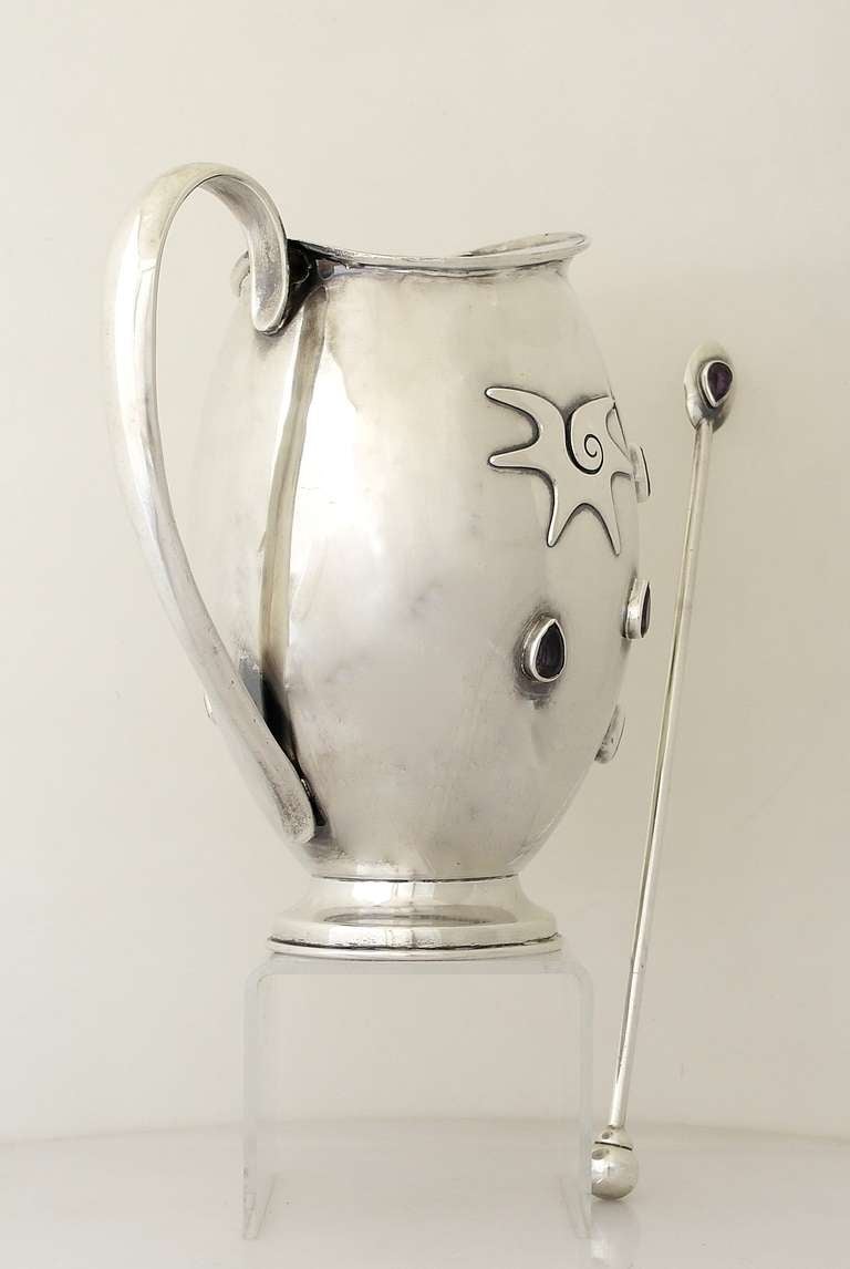 Mid-20th Century RARE Carmen Beckmann Taxco Sterling Silver and 10 Amethysts Pitcher 1960