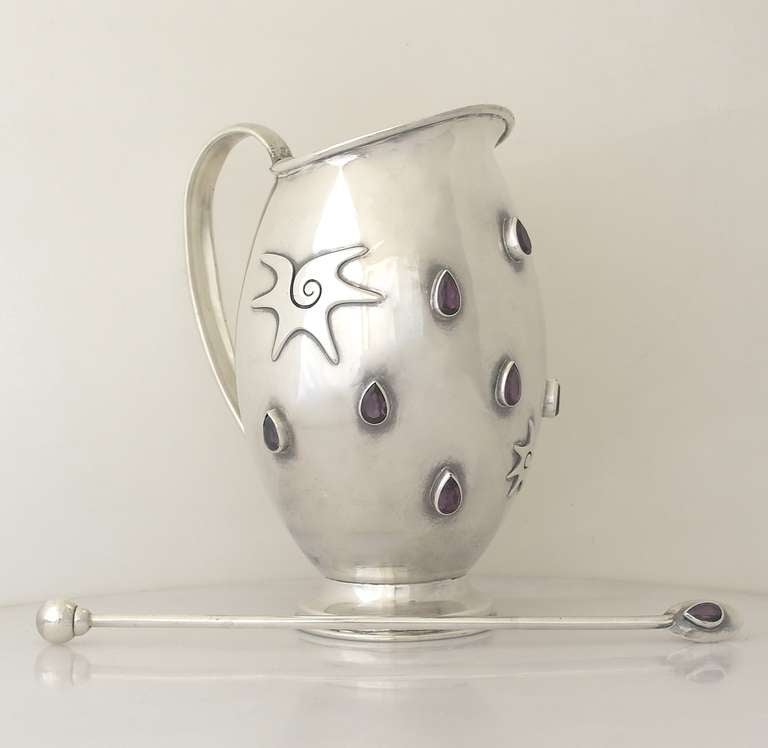 RARE Carmen Beckmann Taxco Sterling Silver and 10 Amethysts Pitcher 1960 2