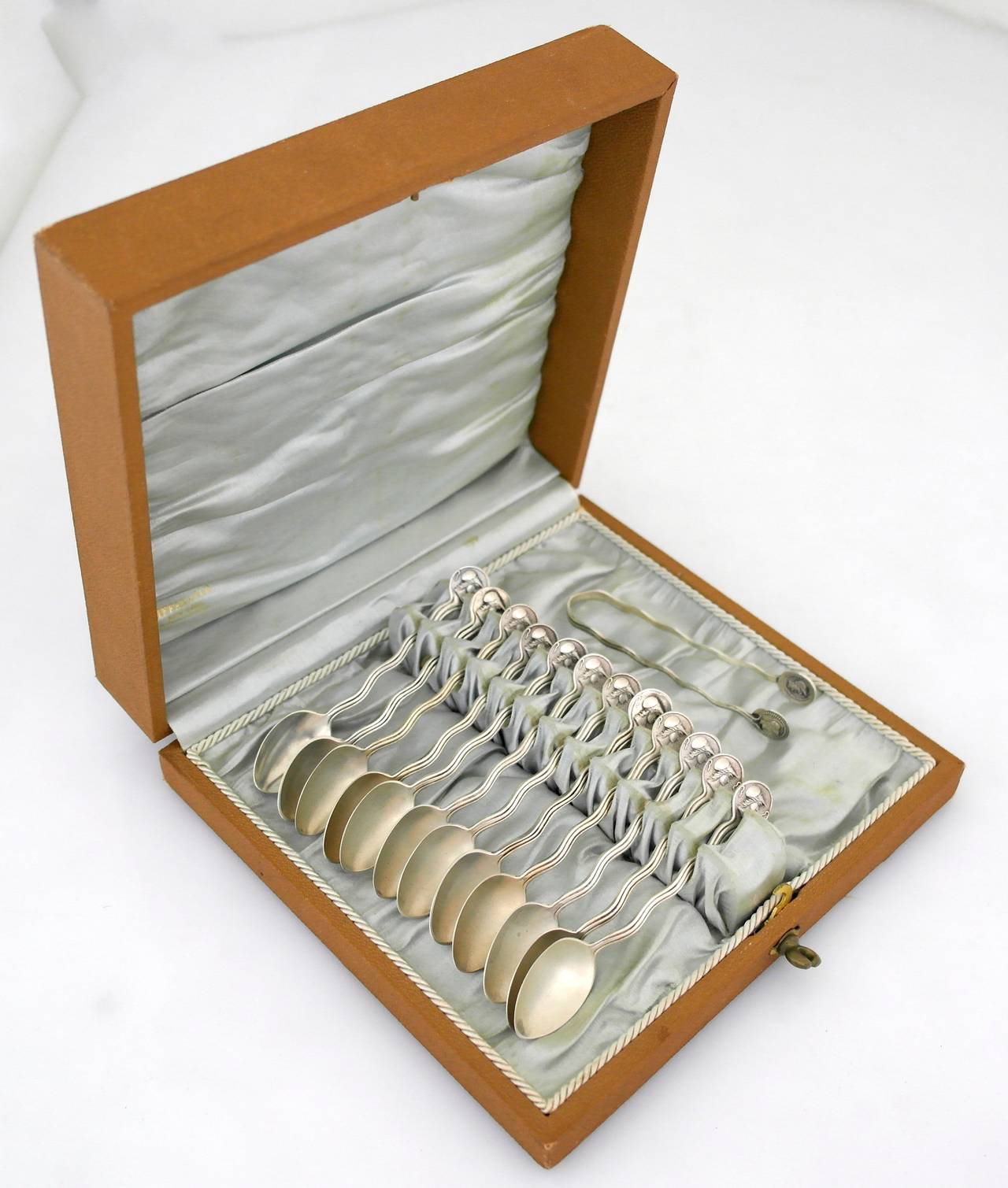 Gorham Medallion Coin Silver Demitasse Set with 12 Spoons and Sugar Tongs For Sale 2
