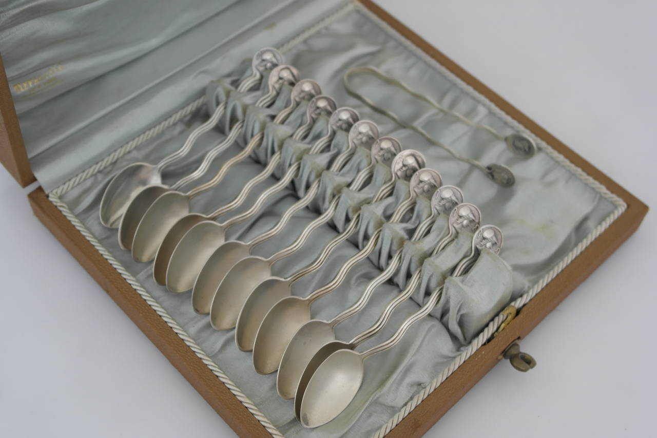 Gorham Medallion Coin Silver Demitasse Set with 12 Spoons and Sugar Tongs For Sale 3