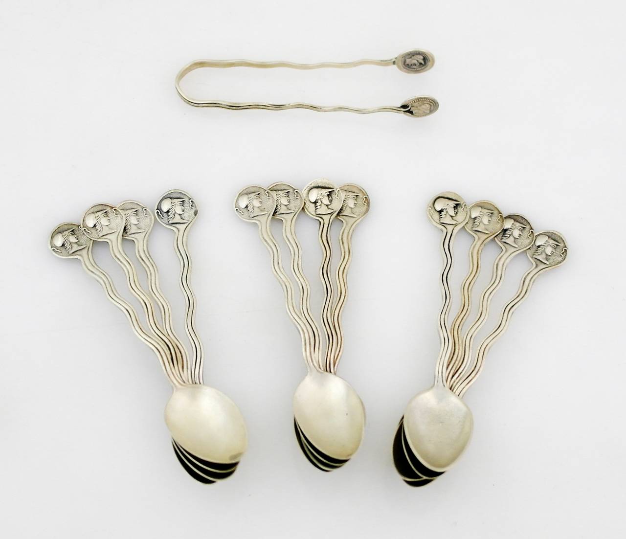 American Gorham Medallion Coin Silver Demitasse Set with 12 Spoons and Sugar Tongs For Sale
