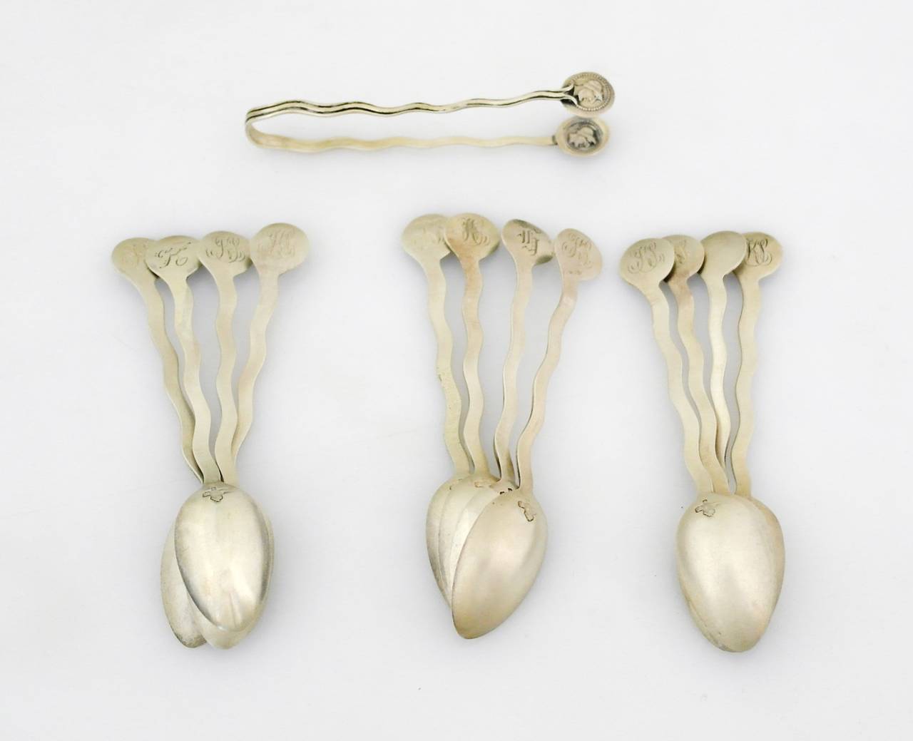 Gorham Medallion Coin Silver Demitasse Set with 12 Spoons and Sugar Tongs In Excellent Condition For Sale In New York, NY