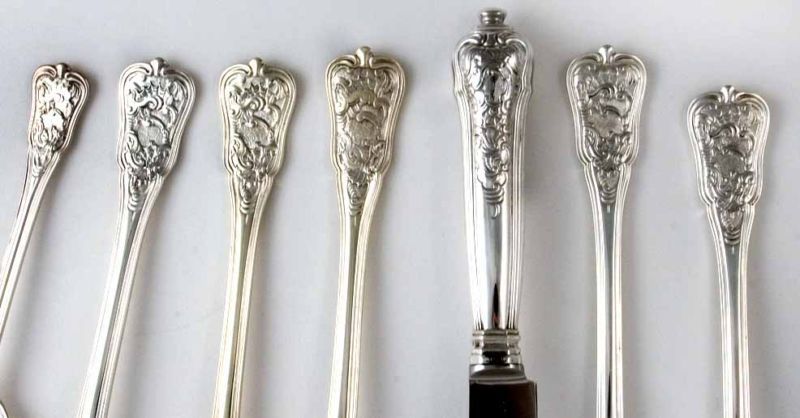 Being offered is a fine set of circa 1985 silverplate flatware by Georg Jensen, of Denmark, in the Rosenborg pattern designed by Ole Hagen.  No monogram. Marked as illustrated in photo. In excellent condition. <br />
<br />
<br />
<br />
8