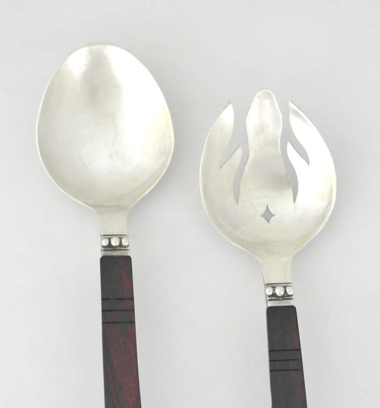 Los Castillo Sterling Silver & Rosewood Salad Servers In Excellent Condition In New York, NY