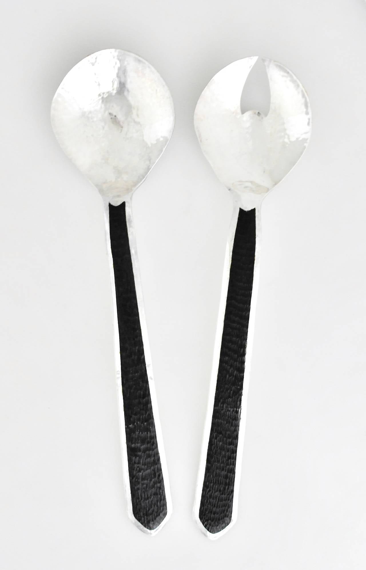 Being offered are a pair of silverplate salad servers by Emilia Castillo of Taxco, Mexico. Oversized salad set, entirely hand-wrought; applied native stone with hand carved texture. Dimensions: 15 inches length; bowls are 4 1/2