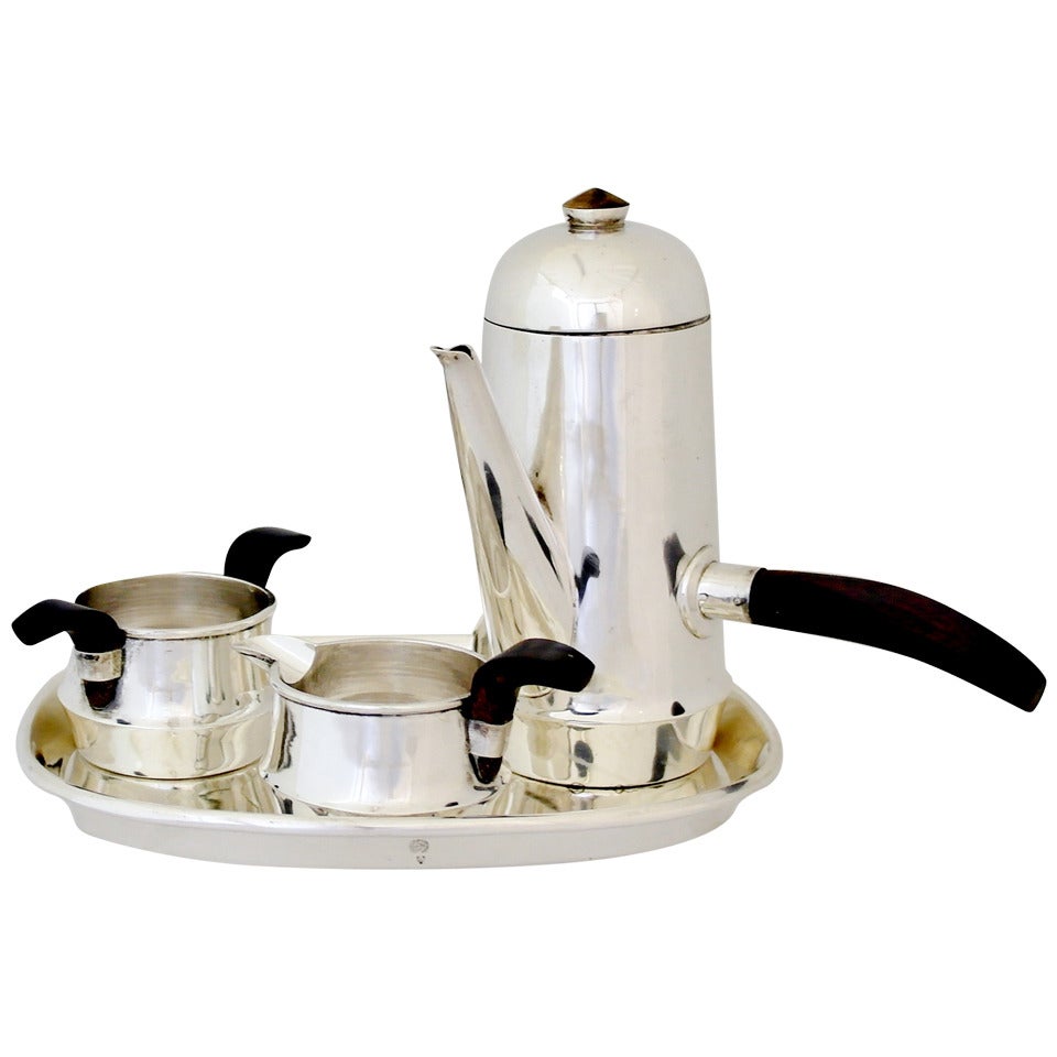 William Spratling Sterling Silver and Rosewood Espresso Set with Tray, 1950 For Sale