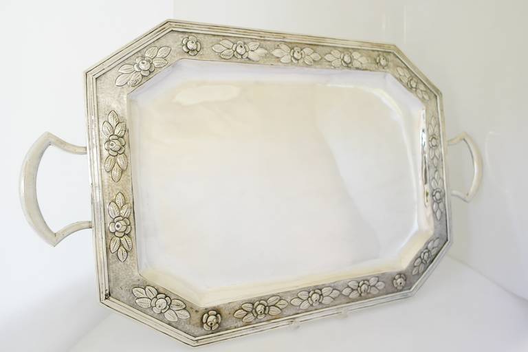 Being offered is a circa 1950 large sterling silver serving tray by Maciel of Taxco, Mexico, the 2