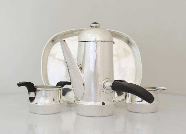 William Spratling Sterling Silver and Rosewood Espresso Set with Tray, 1950 For Sale 1