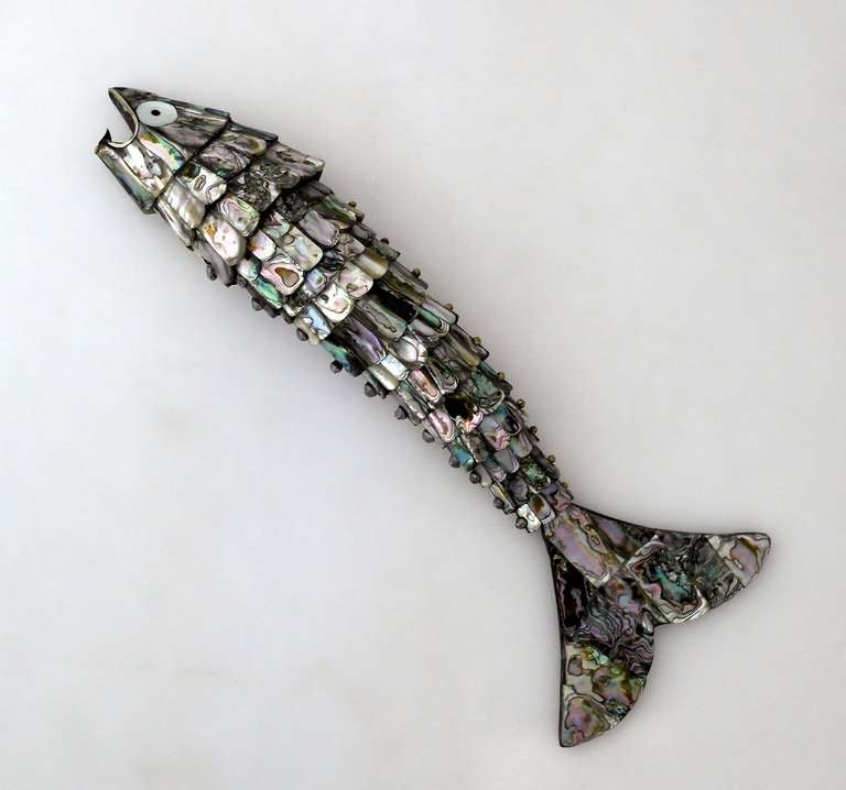 Mexican Large Silver and Abalone Figural Fish Bottle Opener Mexico For Sale