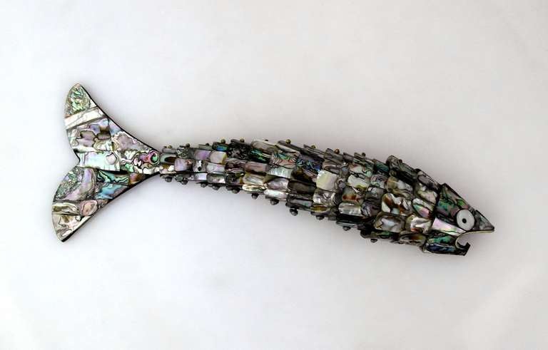 Large Silver and Abalone Figural Fish Bottle Opener Mexico In Excellent Condition For Sale In New York, NY