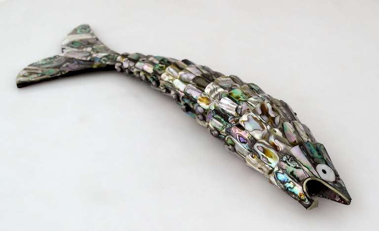 Late 20th Century Large Silver and Abalone Figural Fish Bottle Opener Mexico For Sale