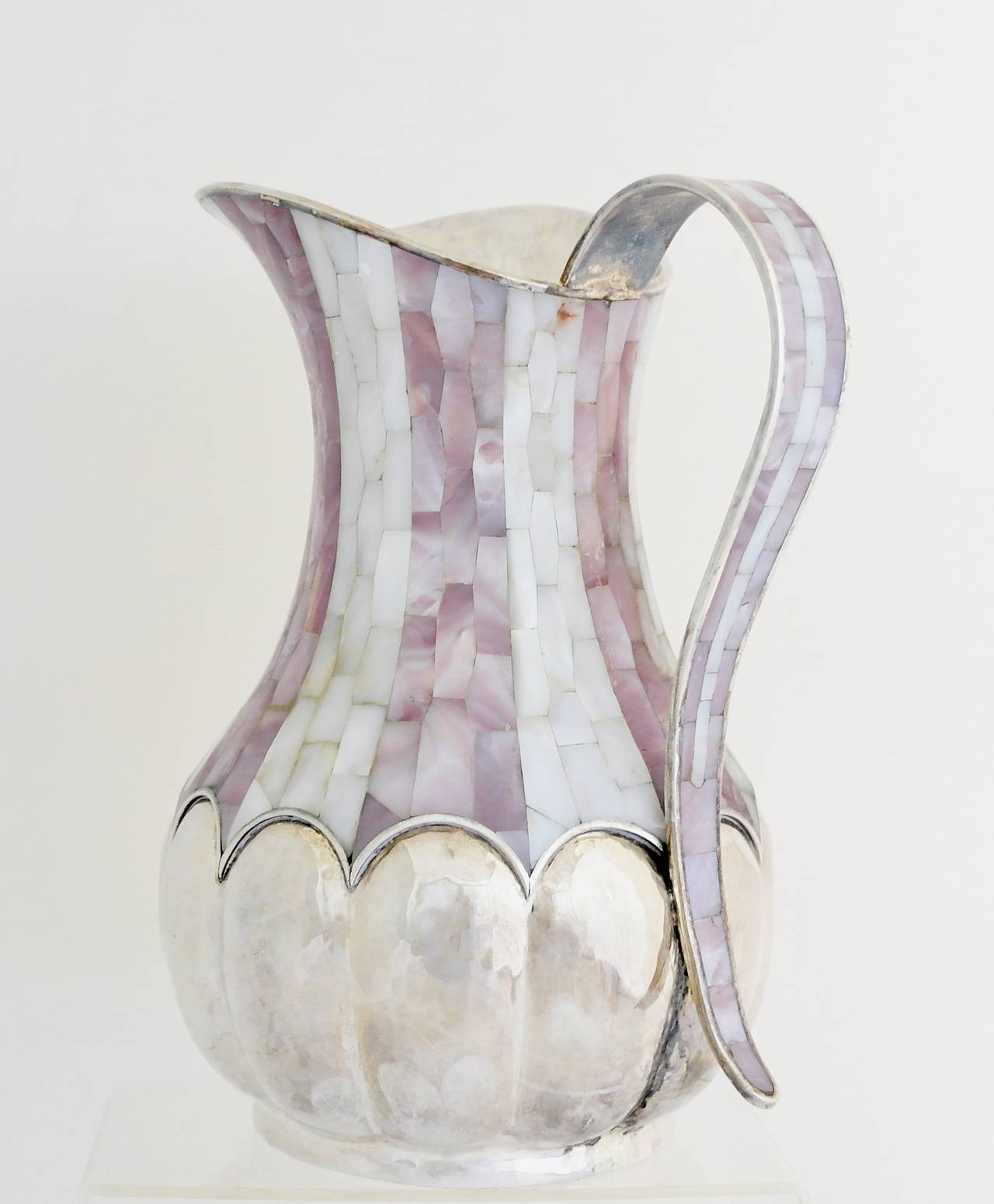 Los Castillo Silverplate & Mother of Pearl Handwrought Pitcher 1990 In Excellent Condition In New York, NY