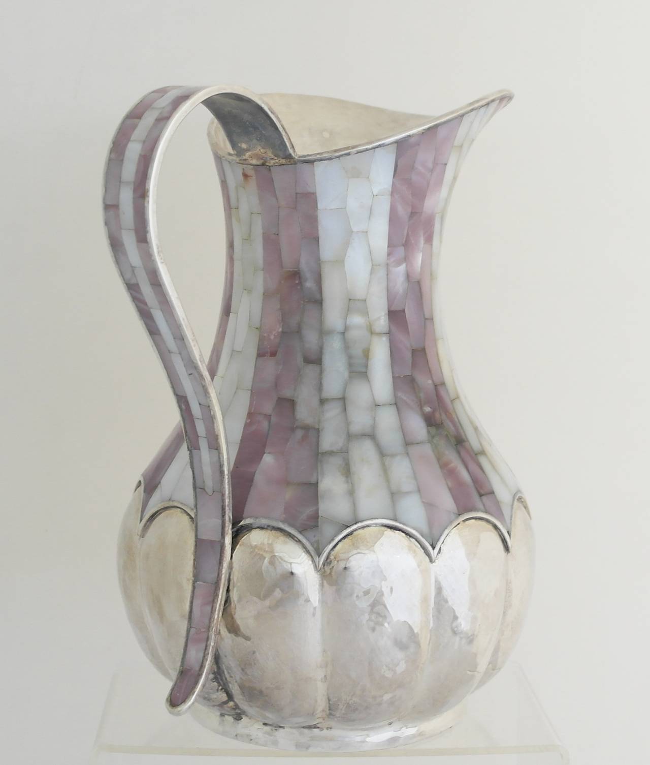 20th Century Los Castillo Silverplate & Mother of Pearl Handwrought Pitcher 1990
