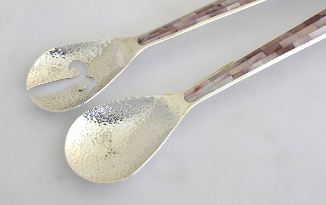 20th Century Los Castillo Silverplate & Mother of Pearl Figural Parrot Motif Salad Servers