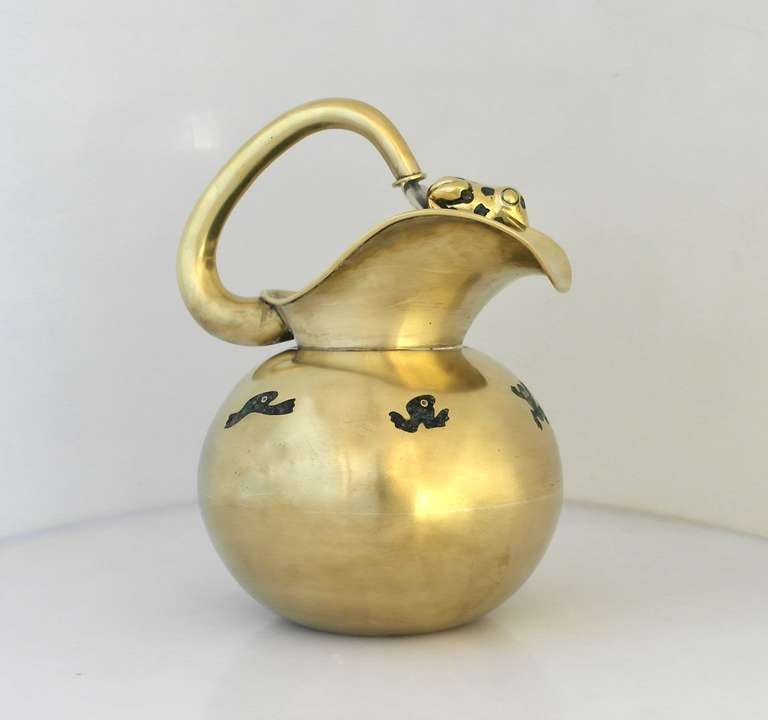 Taxco Brass Water Pitcher Frog on Lily Pad Handle