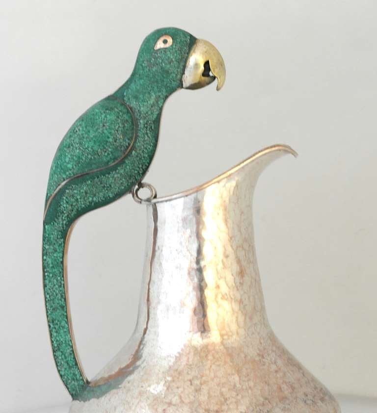 Taxco Handwrought Silverplate Parrot Pitcher In Excellent Condition In New York, NY