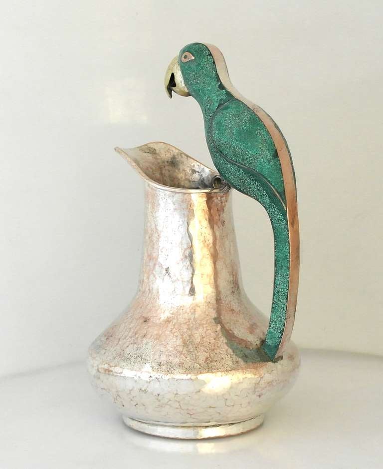 Late 20th Century Taxco Handwrought Silverplate Parrot Pitcher