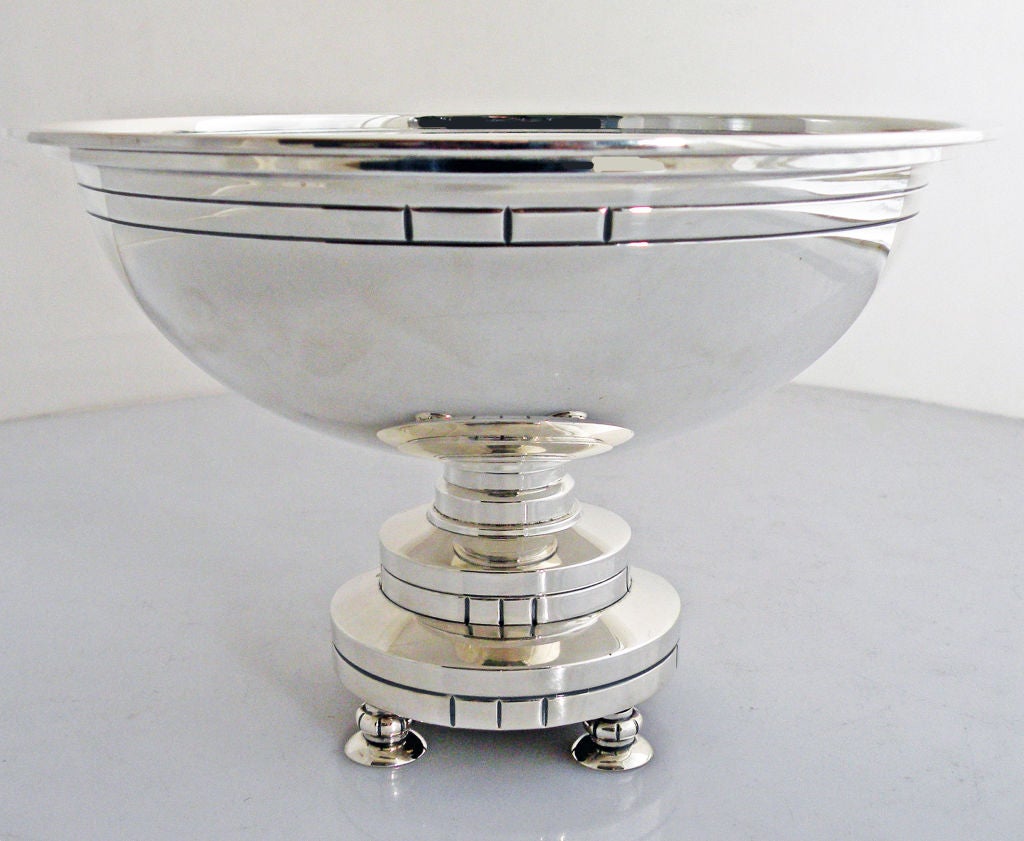 Circa 1928 sterling silver bowl -- one of twelve made -- referred to 'The Modern American' - the 14064 designed by ERIK MAGNUSSEN for Gorham, of Providence, Rhode, Island, measuring 8 3/8 inches in diameter by 5 1/2 inches high.   No monogram. 