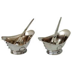 Vintage Spratling Pair of Boat Shaped Sterling Silver Salt Dishes w/Spoons