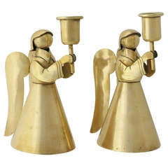 Los Castillo Pair Brass Figural Angel Candlesticks 1955