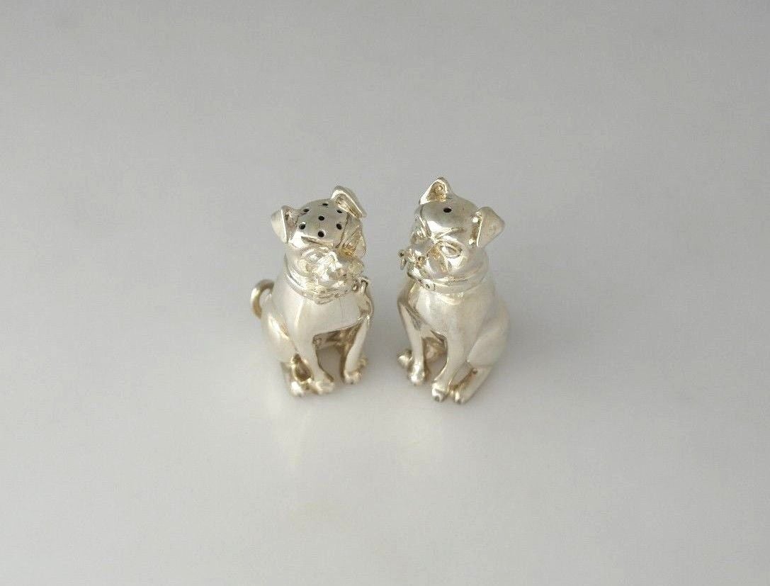 Charming English Sterling Silver Figural Pugs Salt and Pepper Shakers 2