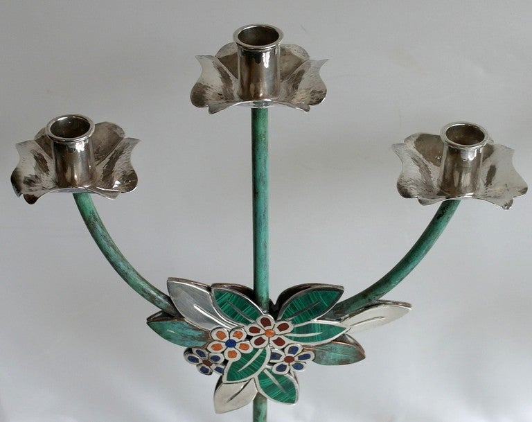 Mexican Emilia Castillo Taxco Large Sterling Silver Centerpiece and Pair of Candelabrum