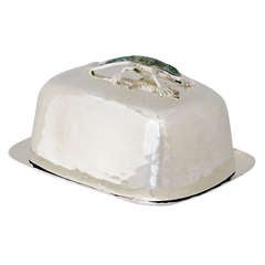 Emilia Castillo Silverplate Azurite Lidded Butter Dish Lizard Handle