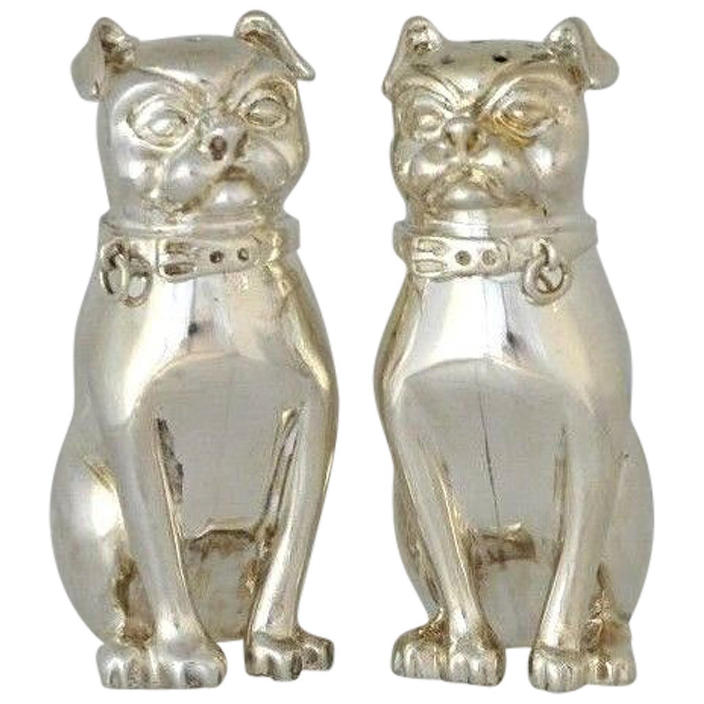 Charming English Sterling Silver Figural Pugs Salt and Pepper Shakers