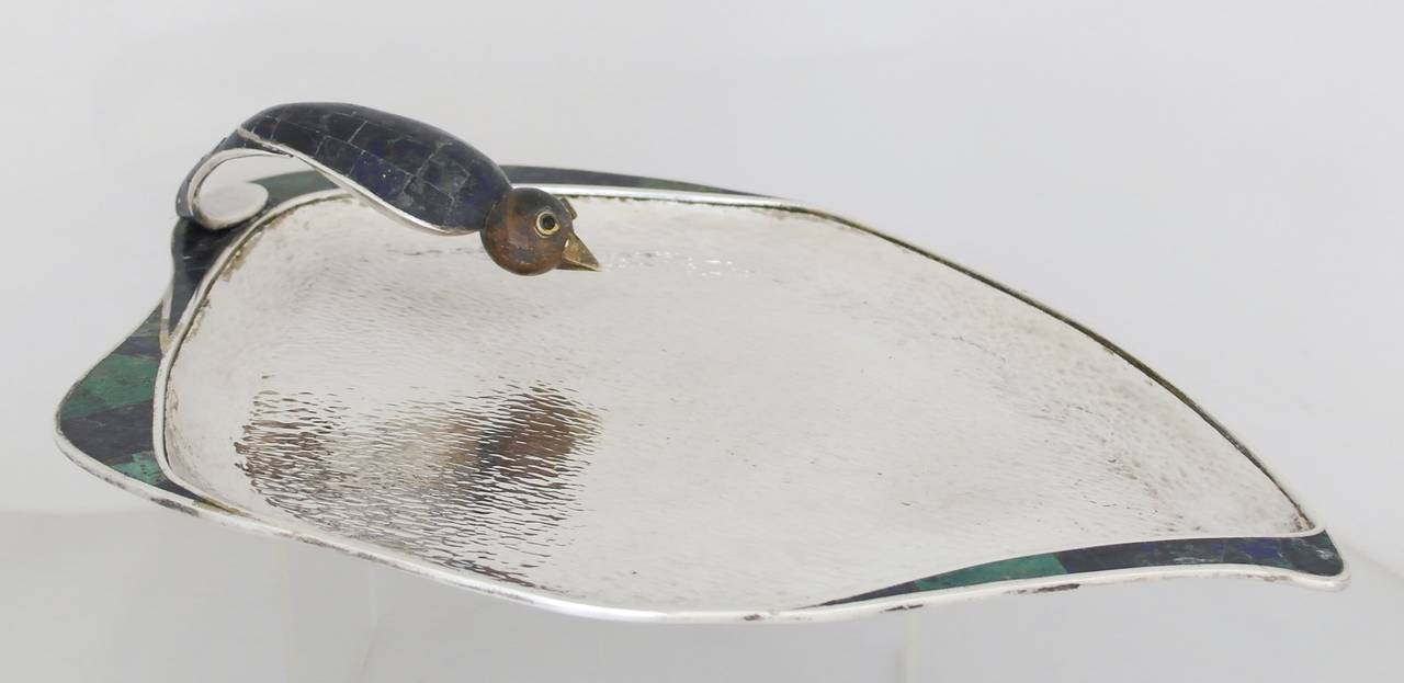 Large Los Castillo Silverplate Figural Bird Serving Tray Azur Malachite Lapis