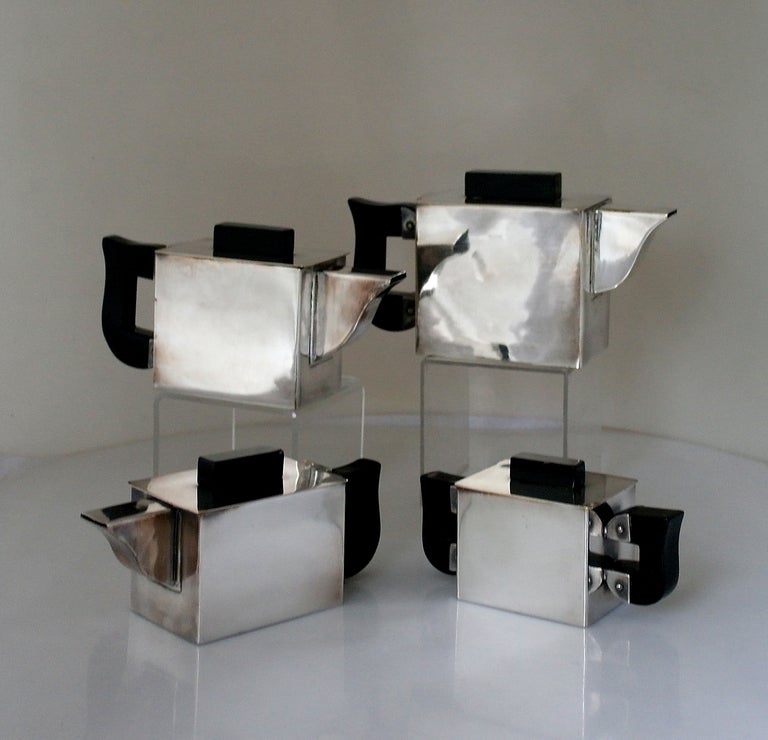 Silver Plate Cubist Modern Four Piece Coffee and Tea Service with Tray